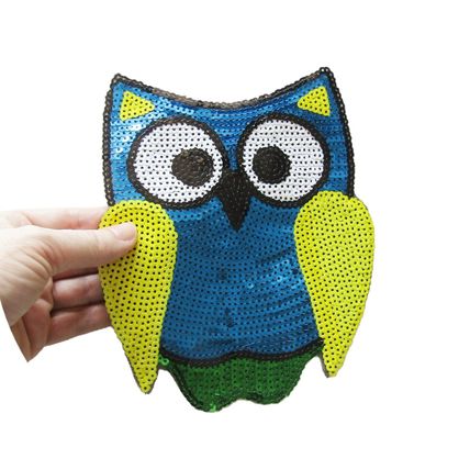 Owl Sew On Patch 20 cm x 16.5 cm Sequins Blue Badge Patch Decoration Bird P166