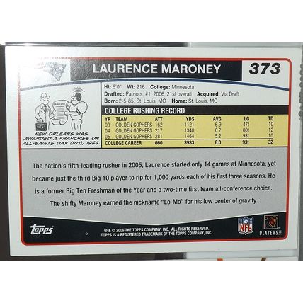 2006 Topps LAURENCE MARONEY (Patriots) Rookie Card #373