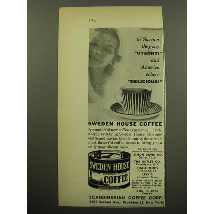 1959 Sweden House Coffee Ad - In Sweden they say Utsokt! and America echoes