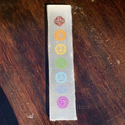 7 Chakras Selenite Wand Charging Plate Crystal Cleansing Etched Symbols 5.78"
