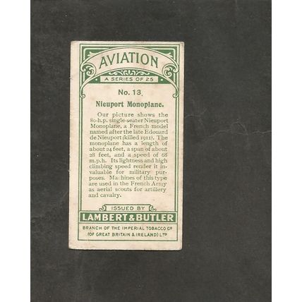 Cigarette Card 1915 Lambert & Butler Aviation #13 Nieuport Monoplane