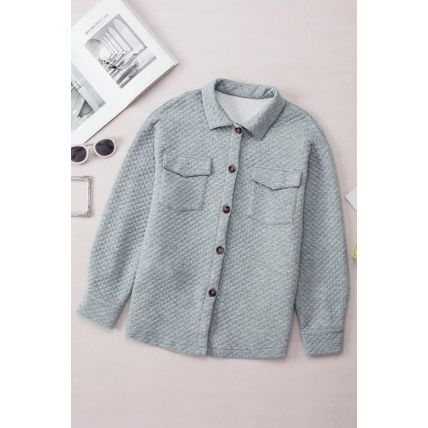 Gray Lattice Texture Retro Flap Pocket Button Shacket
