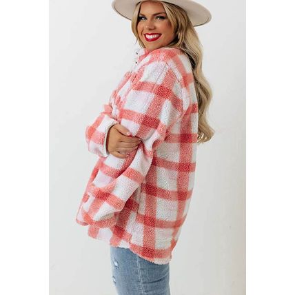 Pink Plus Size Tunic Plaid Sherpa Henley Sweatshirt