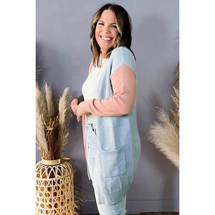 Multicolor Plus Size Colorblock Pocketed Open Front Cardigan