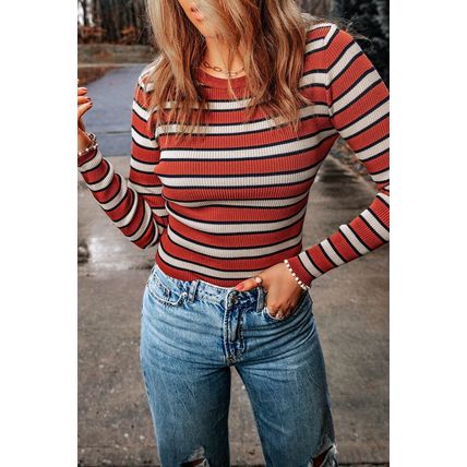 Striped Print Ribbed Knit Slim Fit Top