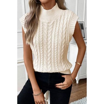 Oatmeal Cable Knit High Neck Sweater Vest