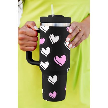 Black Valentines Heart Printed Thermos Cup with Handle