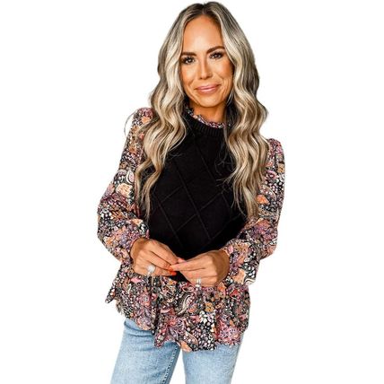 Black Contrast Floral Sleeve Peplum Sweater