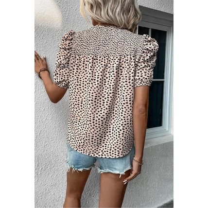 Khaki Leopard Shirred Round Neck Puff Sleeve Blouse