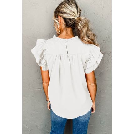 White Smocked Ruffle Sleeve Blouse
