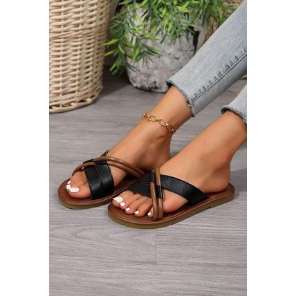 Black Criss Cross PU Leather Flat Slippers
