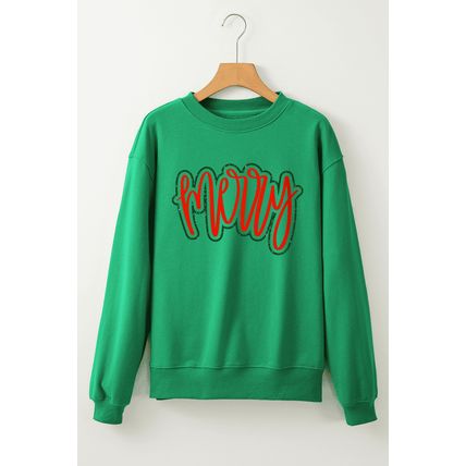 Dark Green Merry Print Fleece Lined Drop Shoulder Christmas Sweatshirt