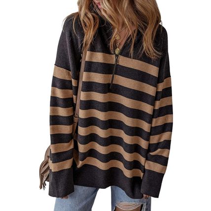 Black Stripe Collared Quarter Zipper Oversized Sweater