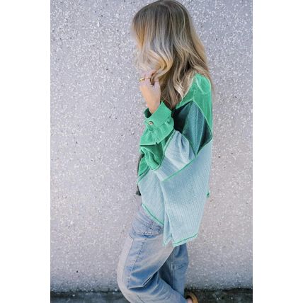 Green Colorblock Stitching Patchwork Buttoned Long Sleeve Top