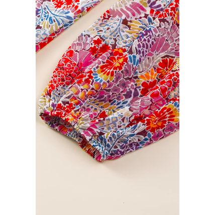 Fiery Red White Floral Print V Neck Long Puff Sleeve Top