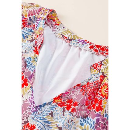 Fiery Red White Floral Print V Neck Long Puff Sleeve Top