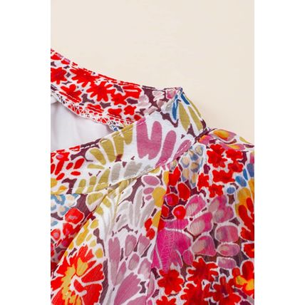 Fiery Red White Floral Print V Neck Long Puff Sleeve Top