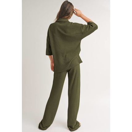 Four Leaf Clover Solid Color Textured Buttoned Shirt and Casual Pants Set