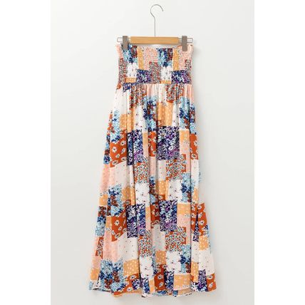 Orange Floral Patchwork Printed Frilled Bandeau Smocked High Waist Long Dress