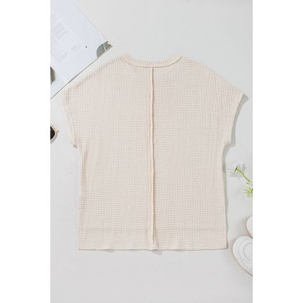 Pale Khaki Solid Color Textured Seamed Short Sleeve Top