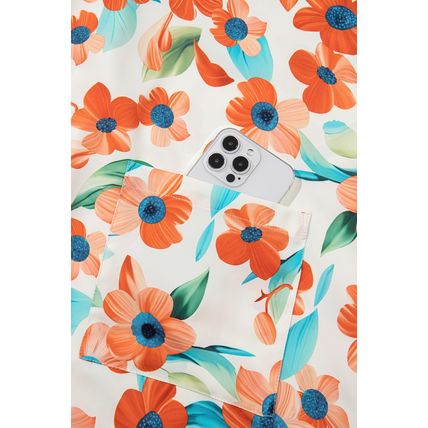 Orange Contrast Trim Floral Split Neck Puff Short Sleeve Tiered Mini Dress