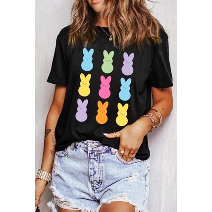 Black Easter Rabbit Print Crew Neck T Shirt