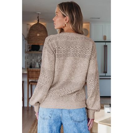 Brown Eyelet Pattern Detail V Neck Drop Shoulder Sweater