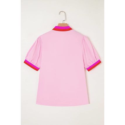 Pink Contrast Striped V Neck Collision Short Puff Sleeve Blouse