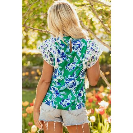 Green Floral Print Lace Trim Contrast Ruffle Sleeve Pleated Loose Blouse