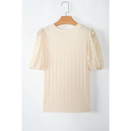 Apricot Polka Dot Mesh Puff Sleeve Textured Blouse