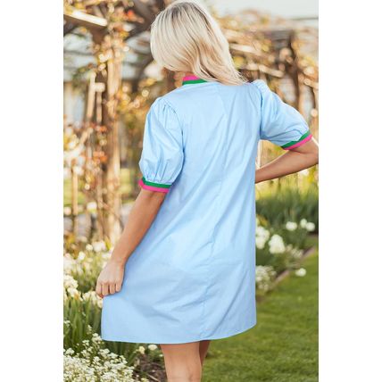 Myosotis Contrast Striped Notched V Neck Puff Sleeve Mini Dress