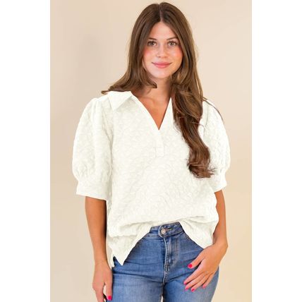White Textured Puff Half Sleeve Collared V Neck Top