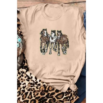 Khaki Sequin Horses Patched Casual Crewneck T Shirt