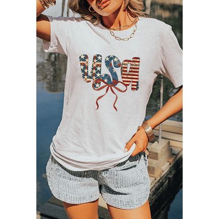 White usa Bow Letter Graphic Independence Day Fashion Tee
