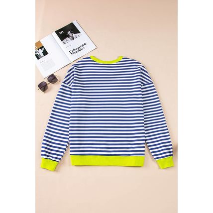 Sky Blue Stripe Striped Contrast Ribbed Trim Drop Shoulder Baggy Sweatshirt