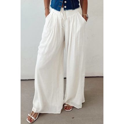 White Solid Drop Waist Pleated Wide Leg Casual Pants