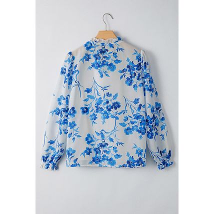 Blue Floral Long Sleeve Lace-up V Neck Blouse