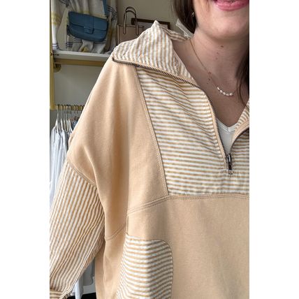 Smoke Gray Quarter Zip Striped Patchwork Drop Shoulder Loose Long Sleeve Top