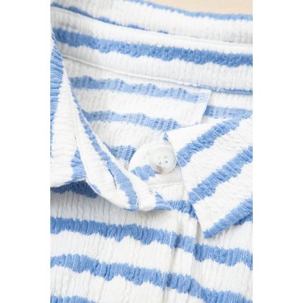 Sky Blue Stripe Half Button Collared Chest Pockets Loose Fit Blouse