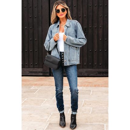 Myosotis Scallop Trim Collar Patched Pocket Button Up Denim Jacket