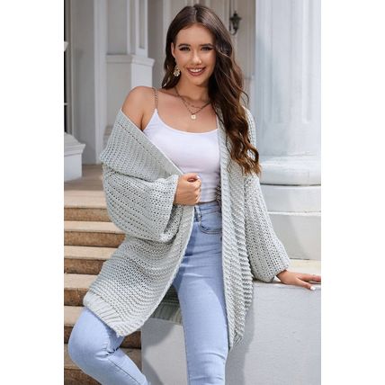 Gray Chunky Oversize Knit Drop Shoulder Puff Sleeve Cardigan