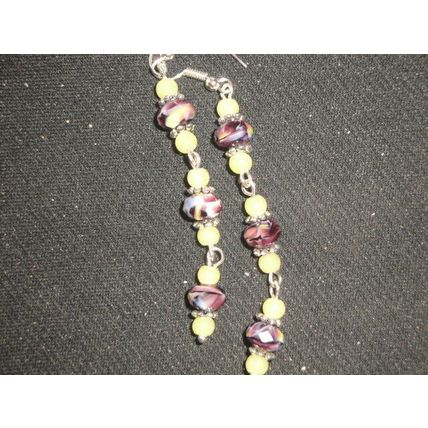 One off blended purple yellow & white glass long swing earrings