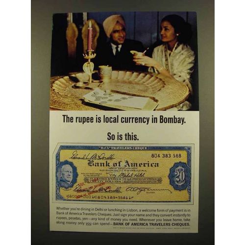 1965 Bank of America Travlers Cheques Ad - The Rupee