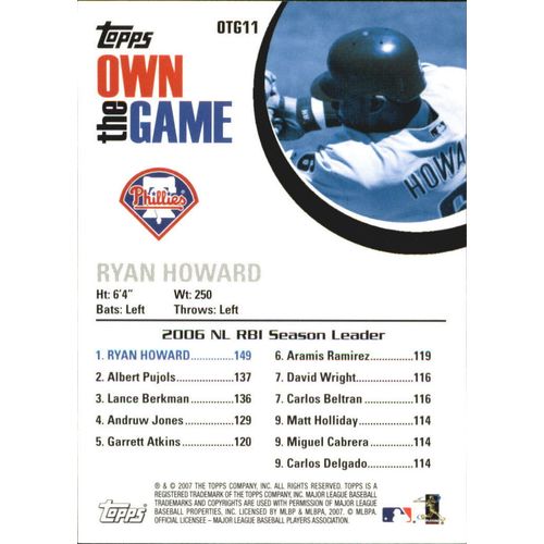 2007 Baseball Topps Own The Game Ryan Howard #OTG11