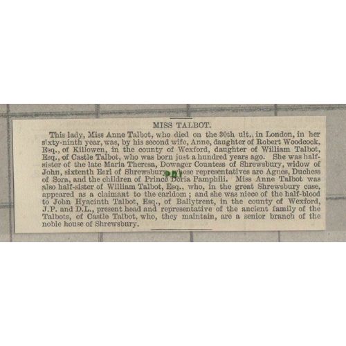 C1273) Miss Anne Talbot Robert Woodcock Killowen Castle Talbot - 1865 Cutting
