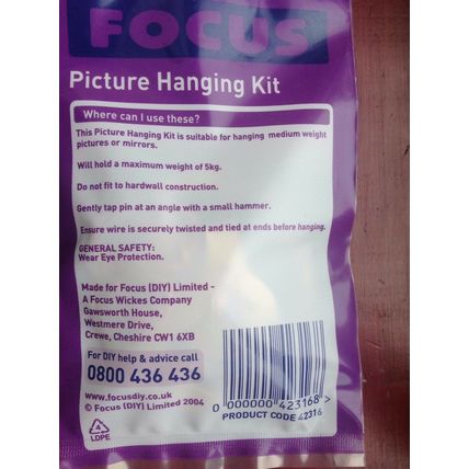 FOCUS PICTURE HANGING KIT UP TO 5KGS Screw Eye/Wire/Nail /Hanger MEDIUM DUTY BN