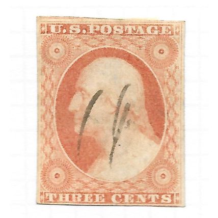 USA 1851 FRAME LINES TOP & BOTTOM 3c WASHINGTON ORANGE PEN CANCEL