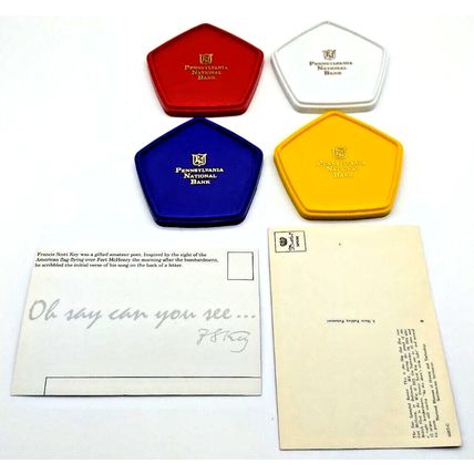 Vintage 70's American Coin Coasters Plastic 3.5 In & Two American Flag Postcards