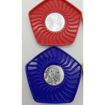 Vintage 70's American Coin Coasters Plastic 3.5 In & Two American Flag Postcards