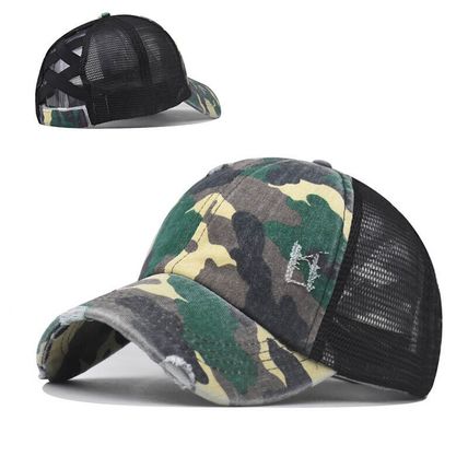 High Bun Hat Cotton Summer Sun Sport Camouflage Ponytail Baseball Cap Ladies